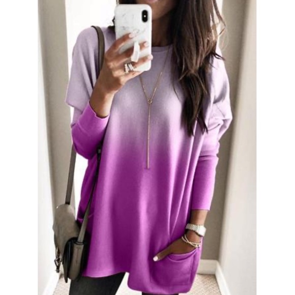 Pink Color Block Ombré Sweater with Pockets - Picture 3 of 7